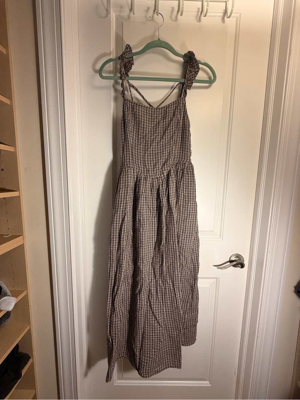 American Eagle Ruched Strap Brown Gingham Maxi Dress